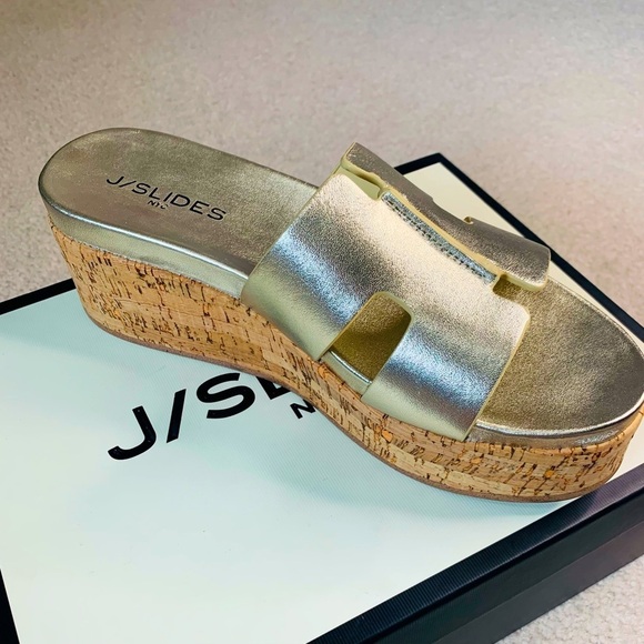 NIB J/Slides NYC Queenie Gold Leather Upper Cork Sole Sandal Women Size 8m - Picture 2 of 13